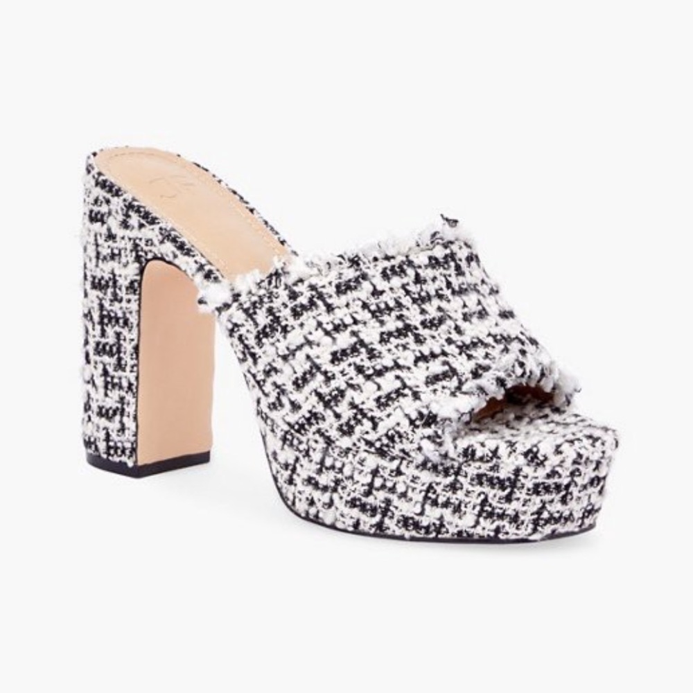 JustFab, Black & White Tweed Platform Heels Mules Sandals (7)